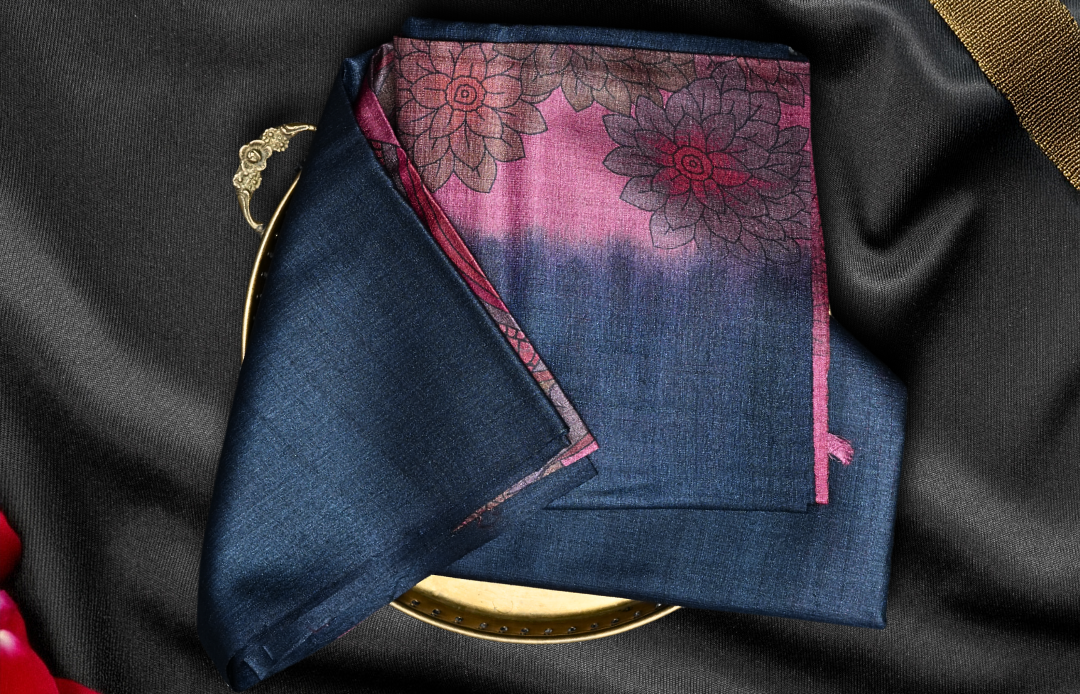 Kalamkari Neel Ombre tussar saree - crop wide