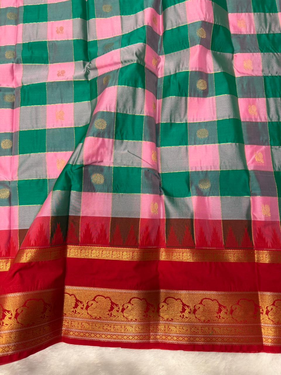 Vintage Kanchi Silk  Pink Checks Saree